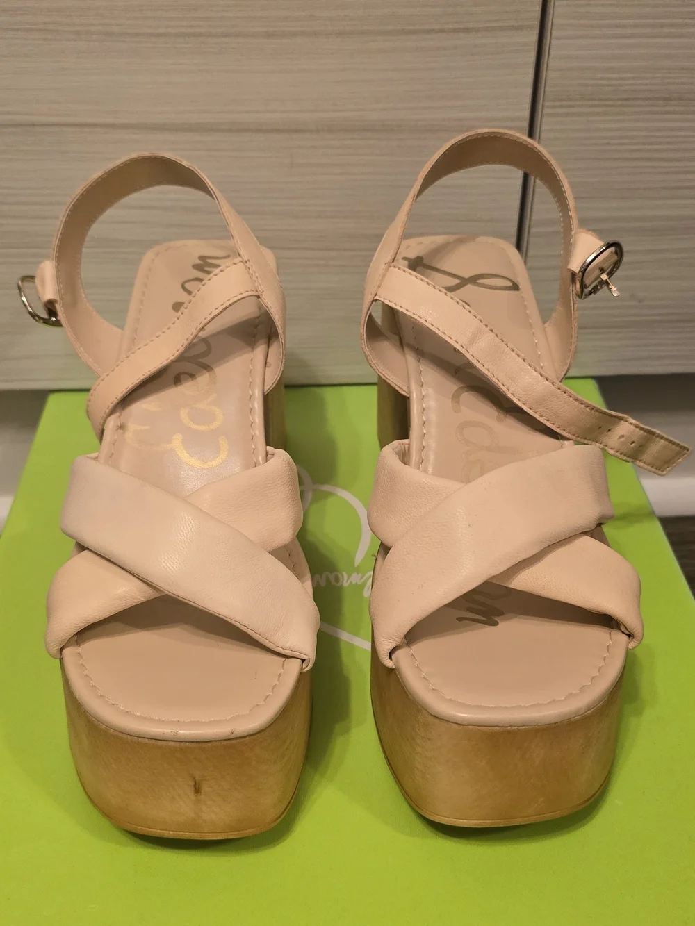 Sam Edelman Beige Nude Platform Sandal with Wood-Effect Block Heel